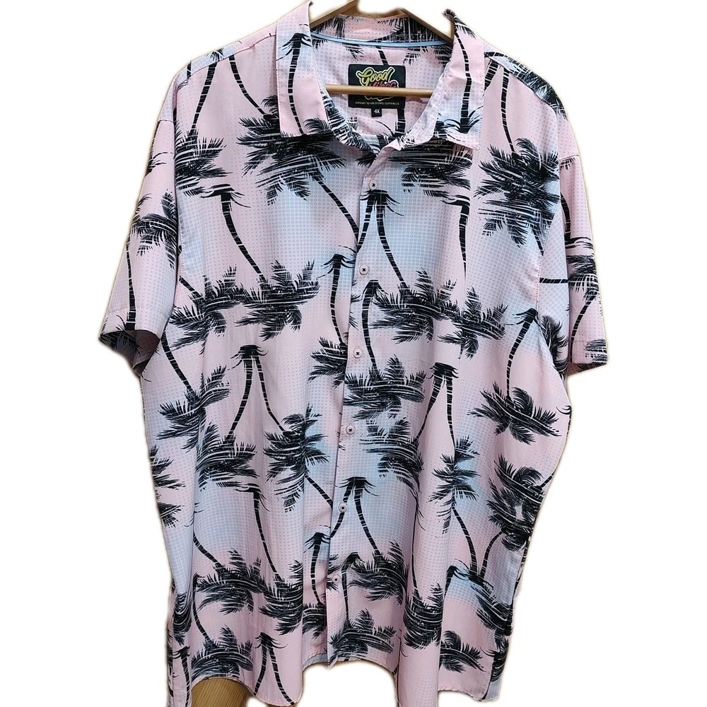 Good Vibes Drill Clothing Co Men's Pink Hawaiian Shirt‎ with Palm Tree Print 4XL